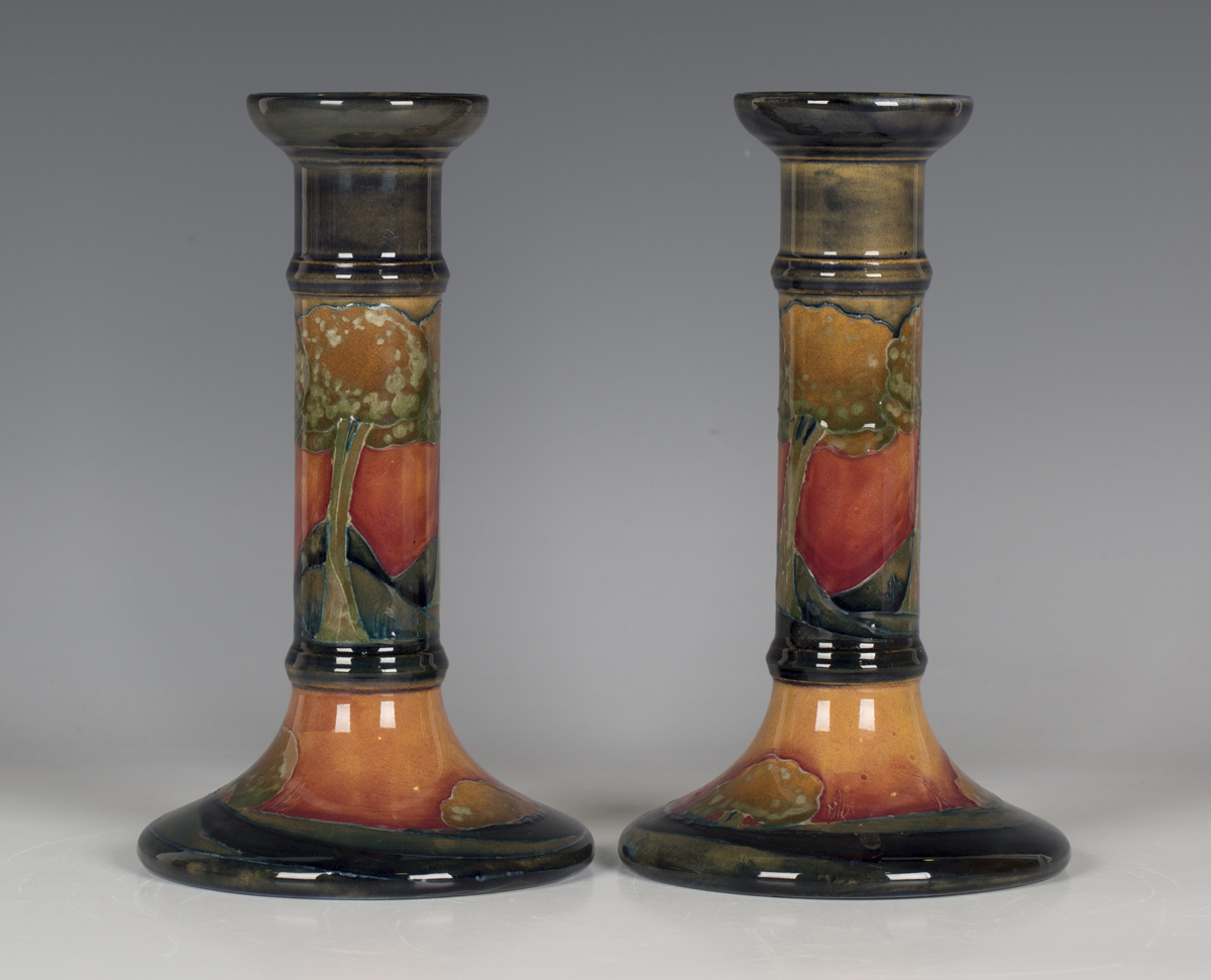 A pair of Moorcroft Eventide pattern candlesticks, circa 1925, each of cylindrical form, impressed - Image 6 of 7