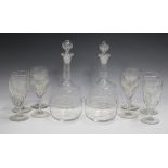 A mixed group of late 19th century and later glassware, including a pair of decanters and