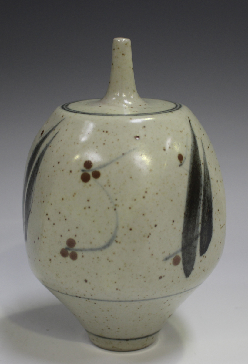 Two Derek Clarkson studio pottery vases, each with a narrow neck above a bulbous body, the oatmeal - Image 5 of 12