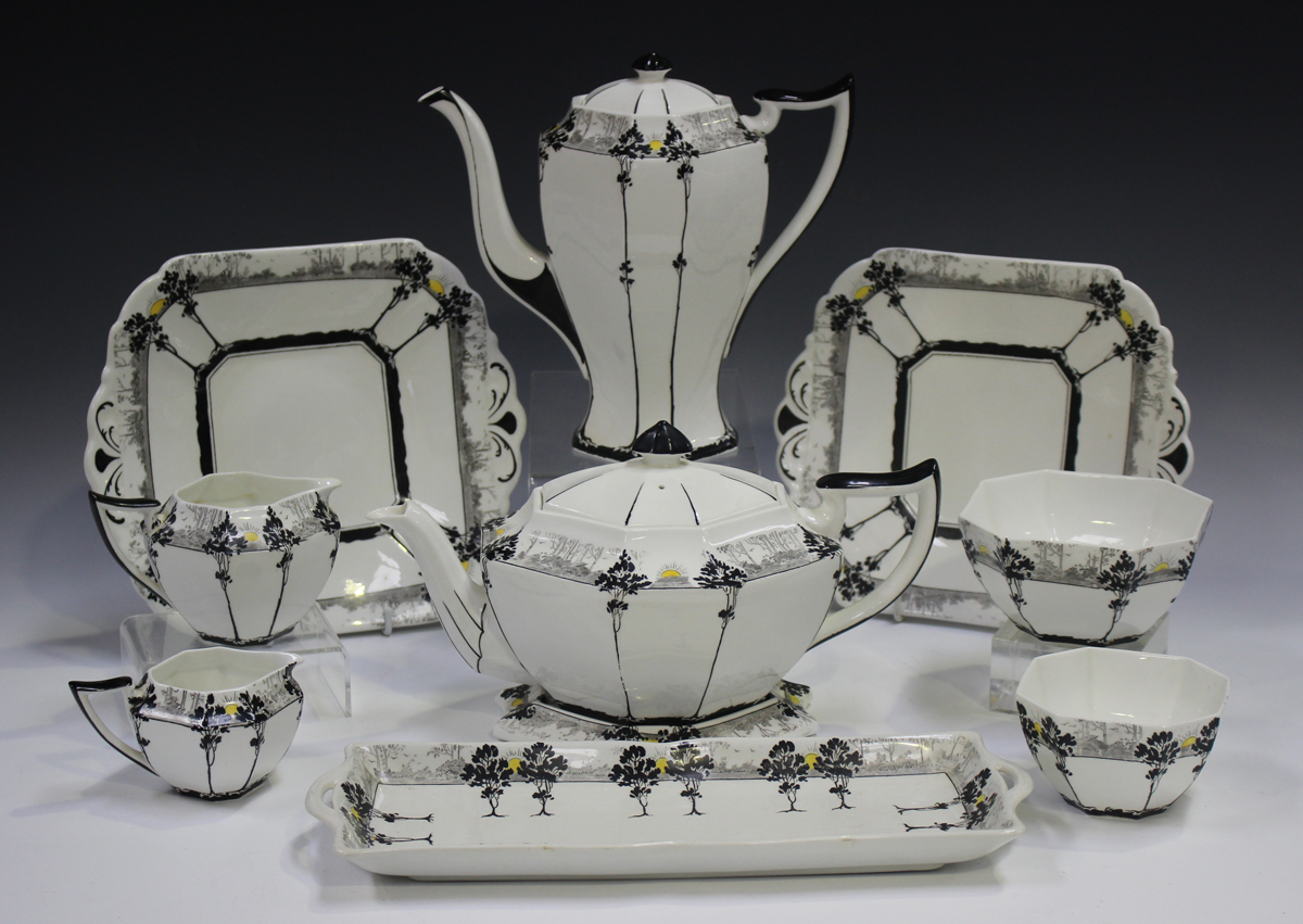 An Art Deco Shelley Queen Anne shape Tall Trees & Sunset pattern part tea and coffee service, 1925-