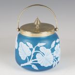 A Stourbridge cameo glass biscuit barrel with plated cover and mounts, probably Thomas Webb, circa