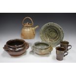 Six pieces of David Osborne studio pottery, including a circular dish and a two-handled bowl, each