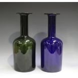 Two Holmegaard 'Gulvase' vases, designed by Otto Brauer, one of olive green tint, the other blue,