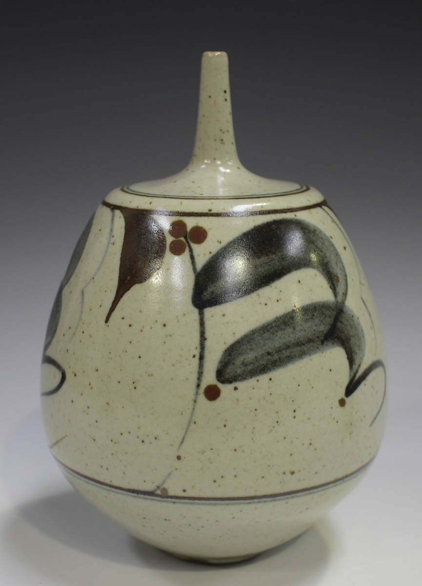 Two Derek Clarkson studio pottery vases, each with a narrow neck above a bulbous body, the oatmeal - Image 11 of 12