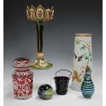 A small group of glassware, late 19th and 20th century, including a green Bohemian lustre,