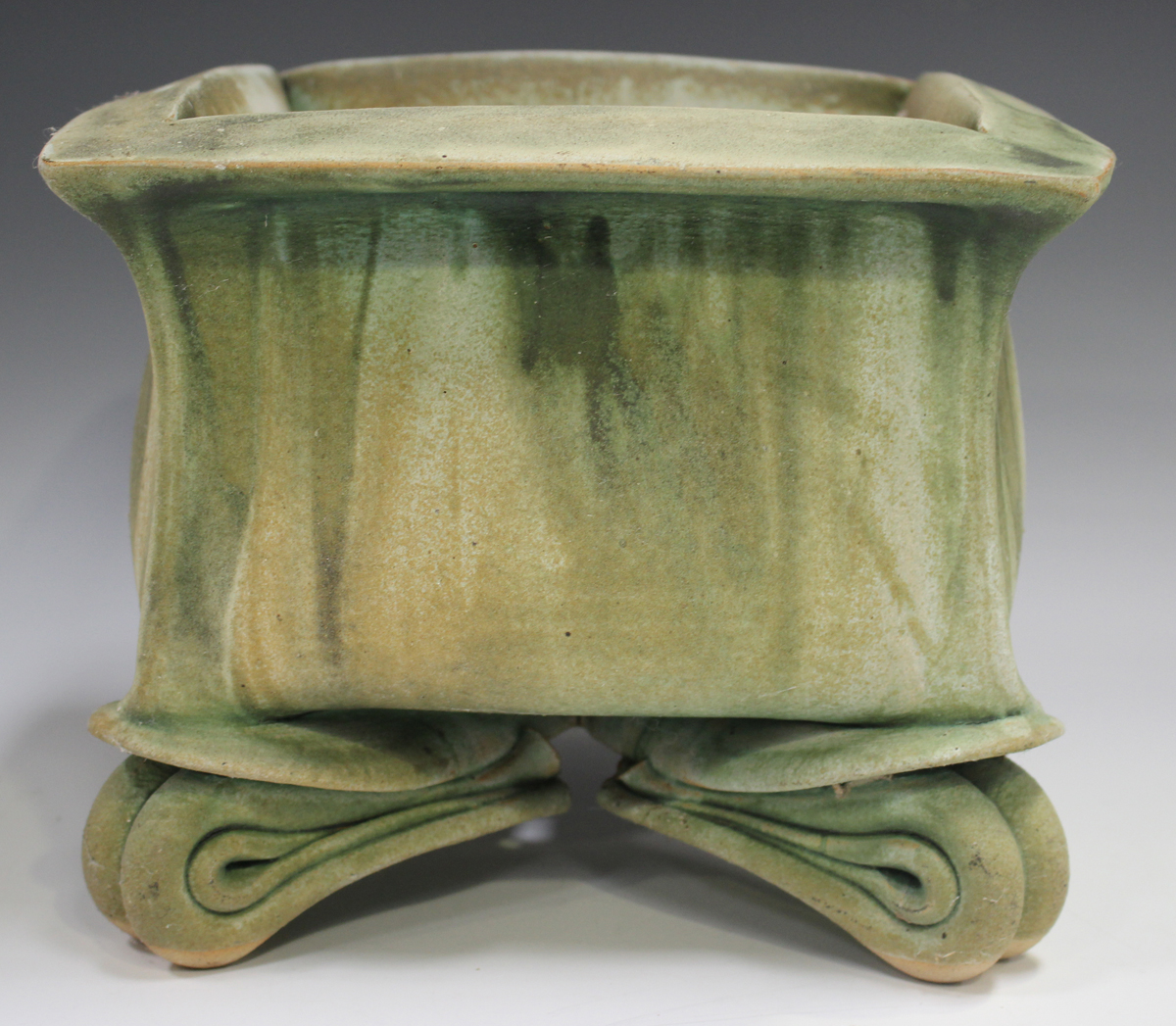 A John Alliston studio pottery square planter, late 20th century, raised on four stylized folded - Image 4 of 6