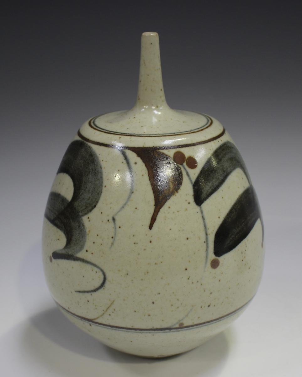 Two Derek Clarkson studio pottery vases, each with a narrow neck above a bulbous body, the oatmeal - Image 9 of 12