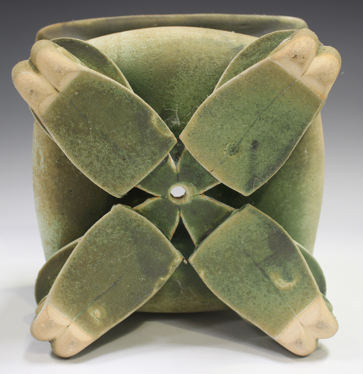 A John Alliston studio pottery square planter, late 20th century, raised on four stylized folded - Image 2 of 6