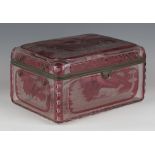 A large Bohemian cranberry flashed, engraved and cut glass casket, 19th century, of rectangular form