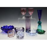 A small group of studio glass, 20th century, including a pair of Elliott goblets with cranberry