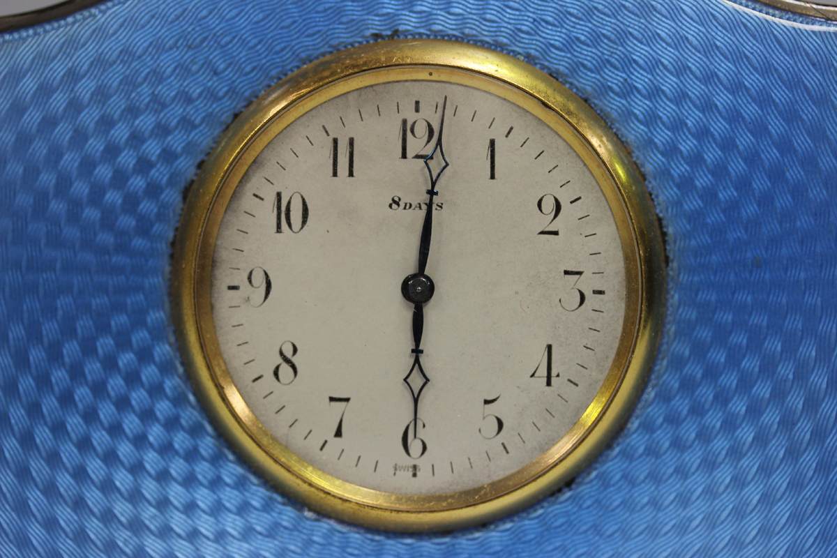 An Art Deco silver and pale blue enamelled bedside timepiece, the silvered dial with Arabic hour - Image 5 of 5