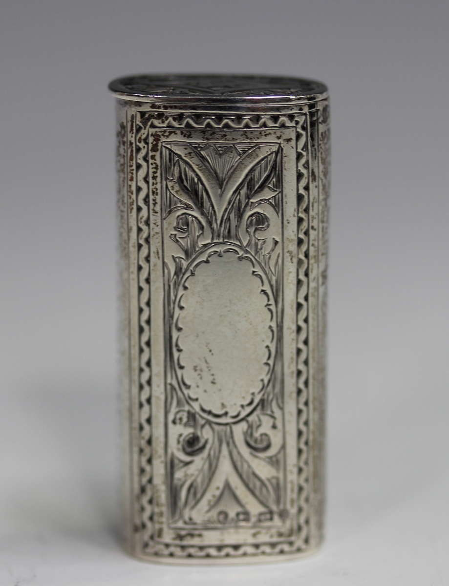 A Victorian silver oval vesta case with hinged lid to one end, with bright cut engraved - Image 7 of 8