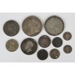 Nine British pre-decimal coins, including a George III crown 1820, a Victoria Old Head crown 1900