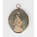 A 19th century gold oval miniature frame with circular suspension loop surmount, unmarked, length