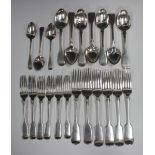 A George III and later part canteen of silver Fiddle pattern cutlery, comprising a set of six