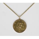 A 9ct gold Paul Vincze Gemini pendant, London 1967, weight 12.2g, length 3.5cm, on a gold curblink