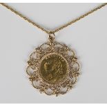 A Switzerland gold twenty francs coin in a pendant mount with a neckchain, the clasp detailed 'RG'.
