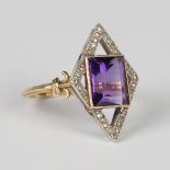 A French gold, amethyst and diamond ring, collet set with the square cut amethyst within an openwork