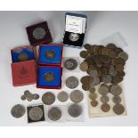 A group of mostly British coins, including a silver proof one pound coin 1990, cased, nine crowns,