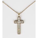 A gold, opal and diamond pendant cross, mounted with a row of oval opals surrounded by borders of