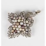 A late Victorian gold backed and silver set, diamond and varicoloured cultured pearl pendant brooch,