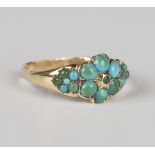 A Victorian gold and turquoise cluster ring with turquoise cluster shoulders, ring size approx P1/2,