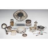 A collection of assorted silver items, including a pierced oval bonbon dish, Birmingham 1920 by
