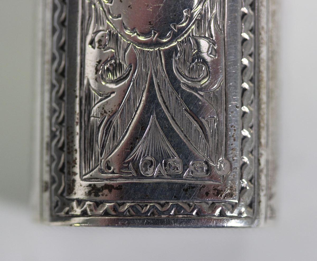 A Victorian silver oval vesta case with hinged lid to one end, with bright cut engraved - Image 2 of 8