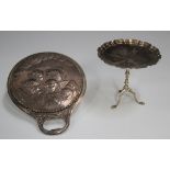 A George V silver novelty dish, modelled as a tripod wine table with piecrust rim, Sheffield 1916 by