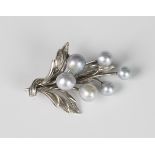 A silver and grey tinted cultured pearl brooch, designed as a berry and foliate spray, detailed '950