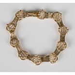 A 14ct gold bracelet in a fanned and beaded curved bar and circular link design, on a foldover