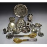 A collection of silver and plated items, including a German silver circular dish, inset with a