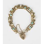 A 9ct gold, turquoise and cultured pearl oval bar link gate bracelet on a 9ct gold heart shaped