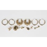 Three pairs of 9ct gold hoop earrings in a variety of designs, weight 5.1g, and a group of mostly