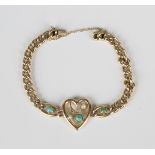 A gold, turquoise and cultured pearl bracelet in a curblink design, the front with an open heart