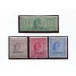 A Great Britain 1902 Edward VII stamp, 2 shillings 6d, 5 shillings, 10 shillings, and £1 overprinted