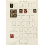 A stamp album containing Great Britain, including 1840 1d black (faults), 1841 1d red red brown used