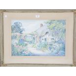 Theresa Sylvester Stannard - View of a Cottage and Garden in Bloom, watercolour, signed recto,