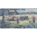 Circle of Rowland Suddaby - Haymaking Scene with Tractor and Figures, 20th century oil on canvas,