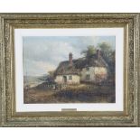 Follower of John Linnell - Landscape with Figures near a Thatched Cottage, oil on canvas, bears