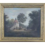 German School - Landscape with Mill and Figures on a Road, 19th century oil on canvas, 41cm x 51.