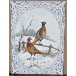 Frances Fry - 'Cock Pheasants', watercolour with gouache on card, signed recto, titled verso, 53cm x