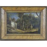 British School - Cottage in a Woodland Clearing, late 18th century oil on oak panel, 23.5cm x