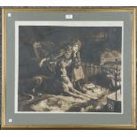 Herbert Dicksee - 'Silent Sympathy' (Girl and Irish Wolfhound Seated near a Fire), etching on