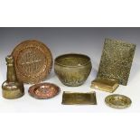 A small group of brass and copper ware, including a Victorian Gothic Revival brass blotter pad