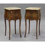 A pair of late 20th century French kingwood and foliate inlaid marble-topped bedside chests of two