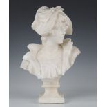 An early 20th century Continental carved white marble head and shoulders portrait bust of a