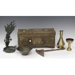 A group of mainly Eastern metalware, including a Tibetan butter lamp, a brass box, width 41cm, a