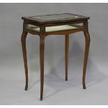 A late 19th century French rosewood bijouterie table with foliate inlaid decoration, the hinged