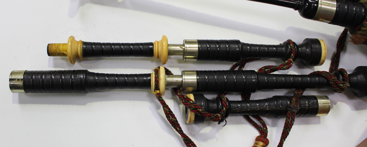 A set of early 20th century Scottish bagpipes with nickel and ivory mounts, the rosewood chanter - Image 2 of 4